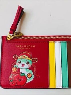 Tory Burch Red Leather Card Case with Multicolor Stripe Year of the Snake